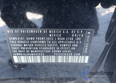 2016 Volkswagen Jetta 1.4T Se z USA, uszkodzony, nr VIN 3VWB67AJ5GM403628
